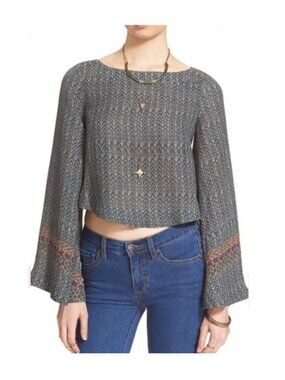 Free People Jade Green Stars Aligned Patterned Bell Sleeve Crop Blouse Top